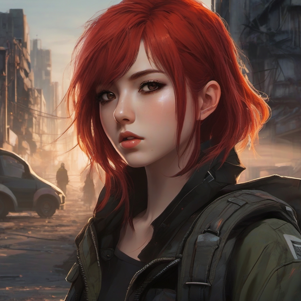 Front facing face, girl with red hair, small eyes in a post-apocalyptic city.  close shot of face, face front facing, profile picture pfp, anime style