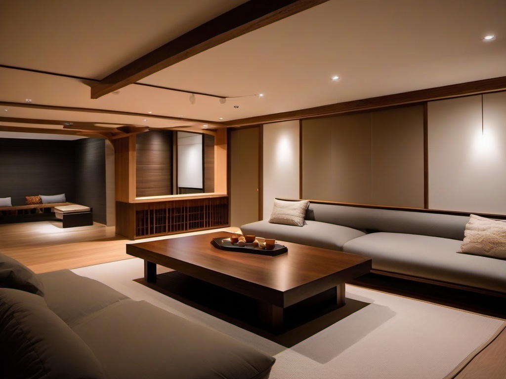 The basement highlights Japanese Zen interior design with a minimalist layout, functional furnishings, and a serene atmosphere that creates a stylish space for relaxation and entertainment.  