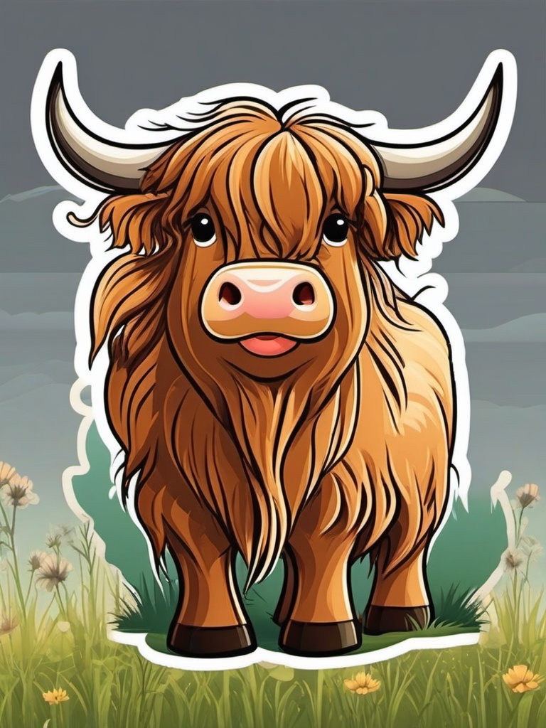 Highland Cow cartoon - long-haired cow breed from Scotland  cartoon sticker style