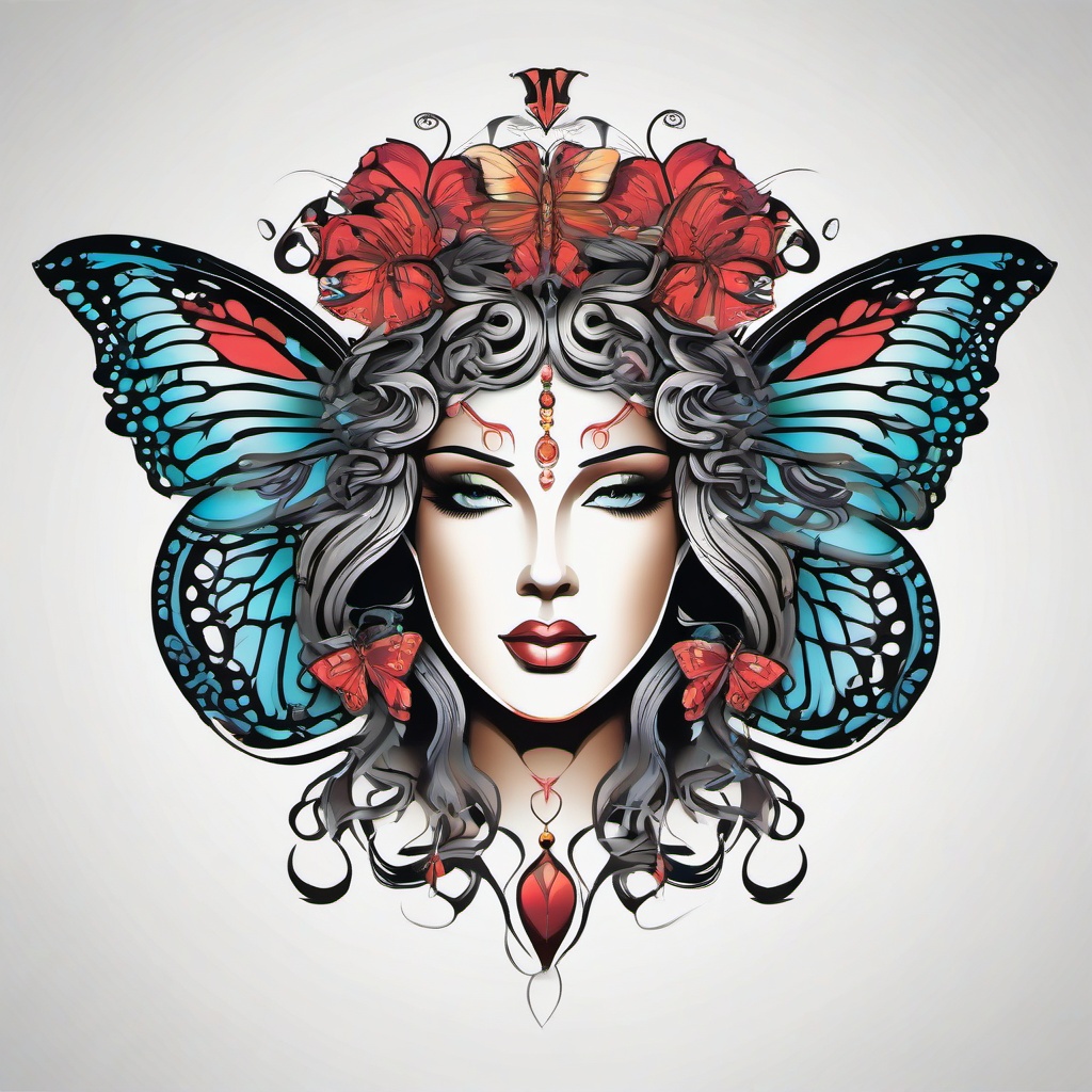 Medusa Butterfly Tattoo - Combine the allure of butterflies with the mythical charm of Medusa in a unique and captivating tattoo design.  simple vector color tattoo,minimal,white background