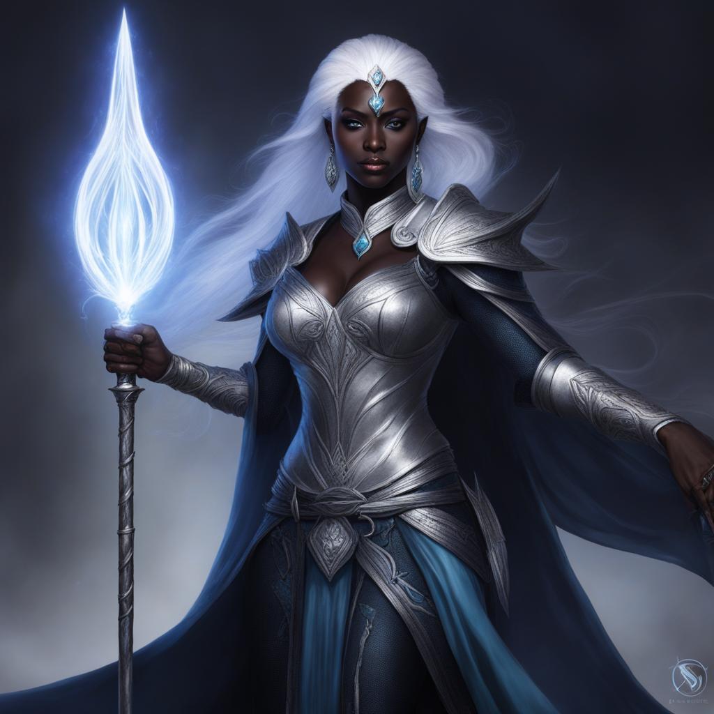 liriel baenre the drow sorceress weaves intricate spells with a silver staff. 