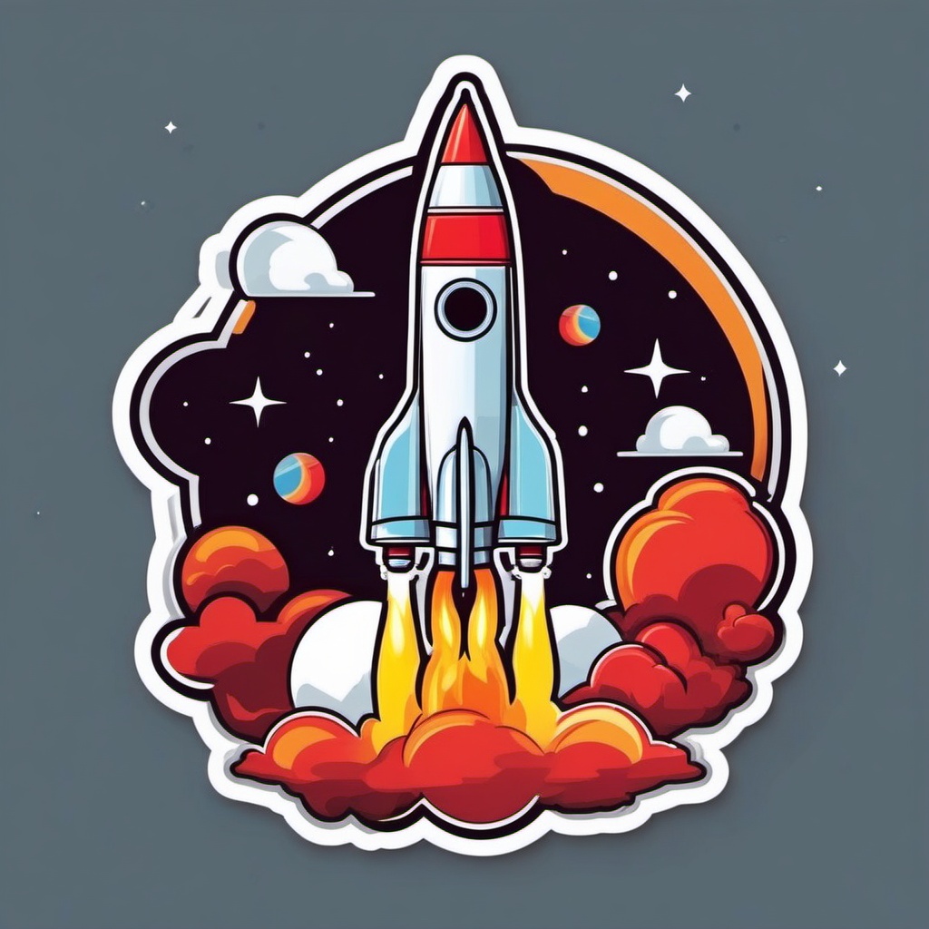 Rocket Sticker - Cartoon rocket launch, ,vector color sticker art,minimal