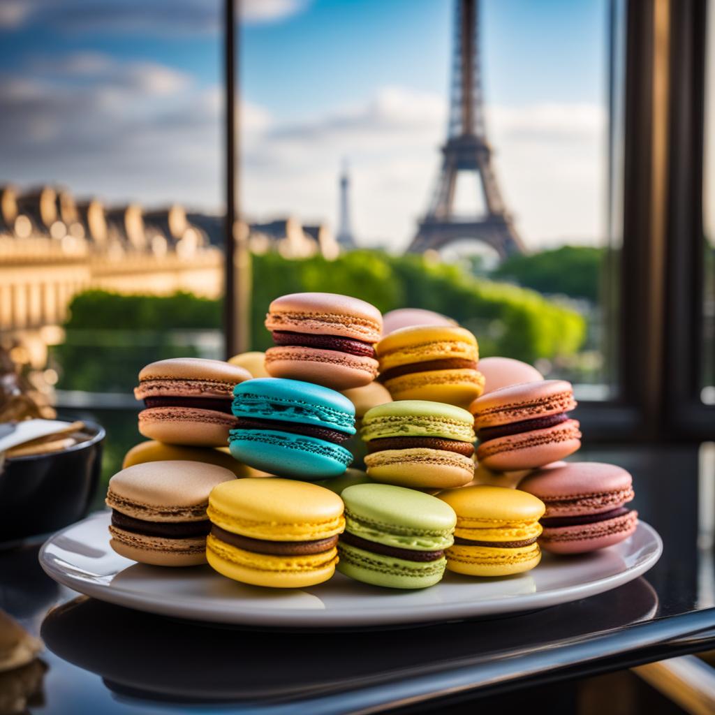 macarons, colorful and delicate, enjoyed at a chic parisian café with a view of the eiffel tower. 