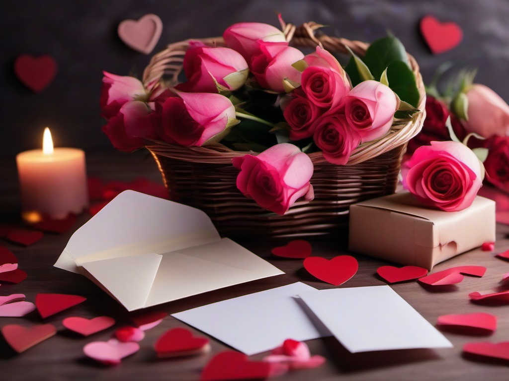 Valentines Day background - Basket of love letters with wax-sealed envelopes and flowers  aesthetic background wallpaper