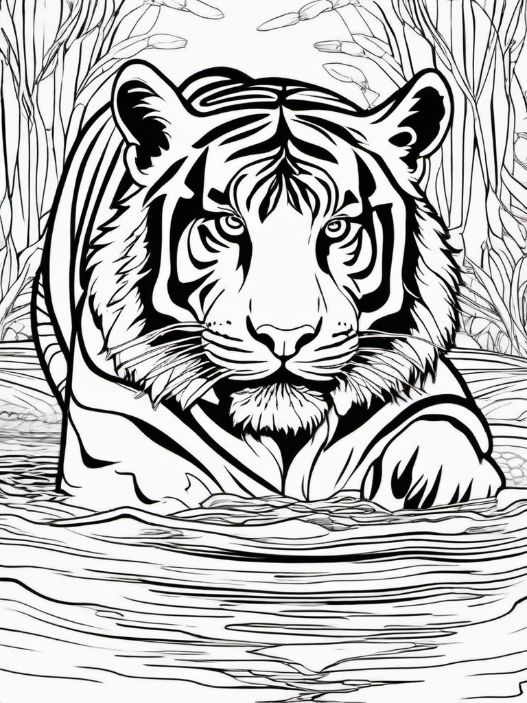 Tiger Coloring Pages - Tiger swimming in a calm river  simple coloring pages