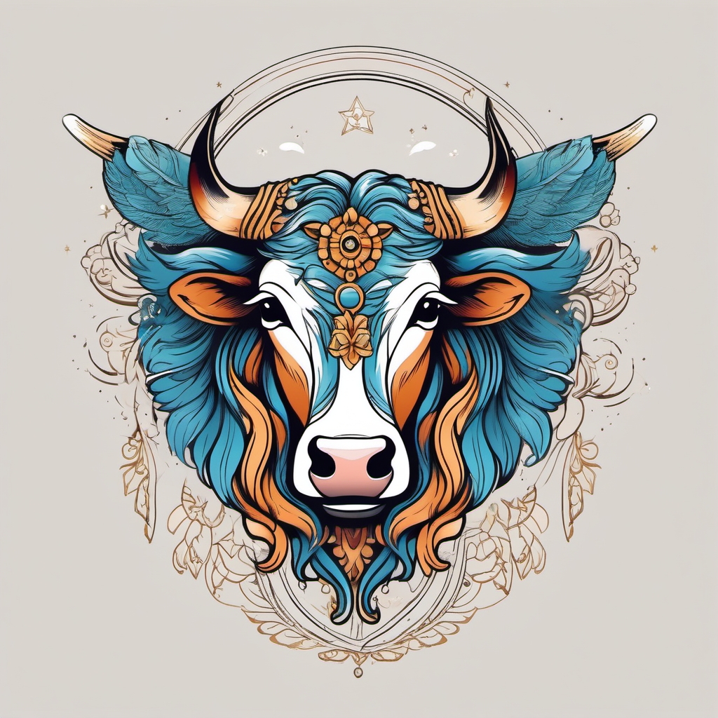 Cow with angel wings tattoo: Guardian spirit, gentle and protective.  simple color tattoo style