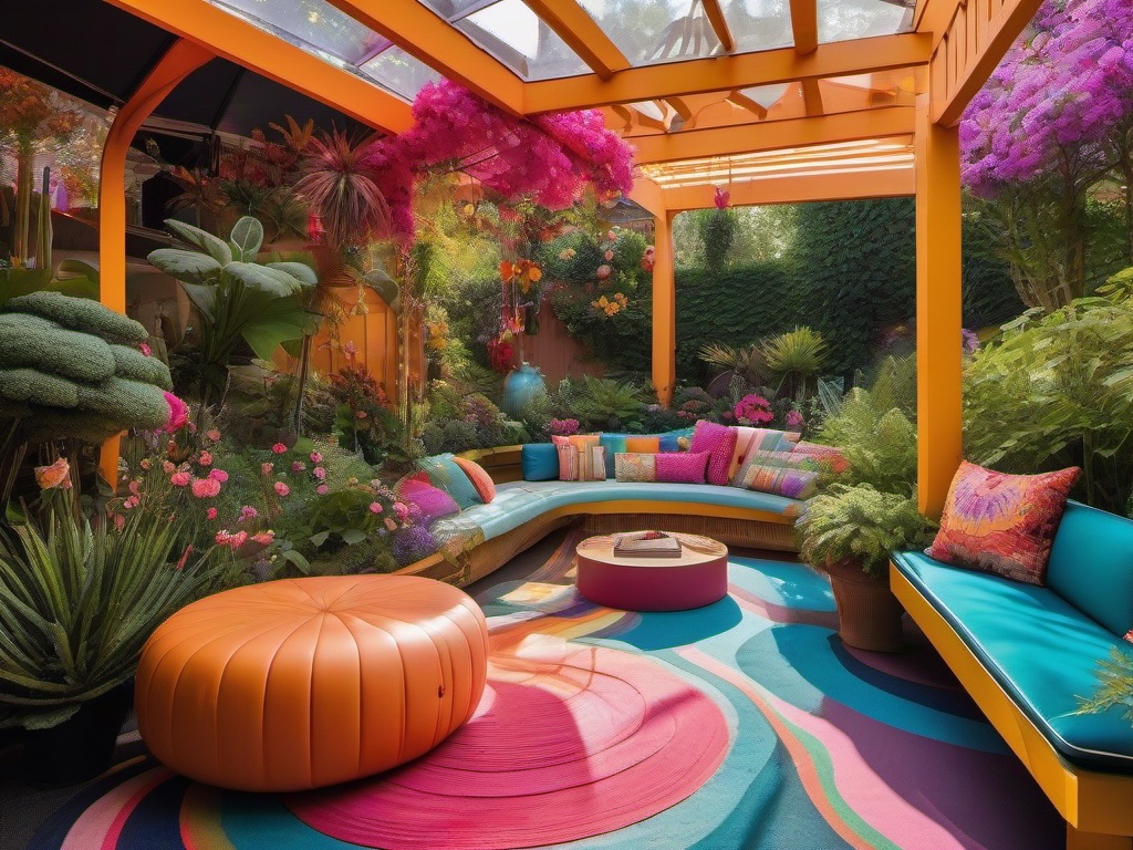 In the garden, psychedelic interior design highlights colorful flower beds, imaginative decorations, and a whimsical layout that creates a vibrant outdoor retreat for relaxation and enjoyment.  