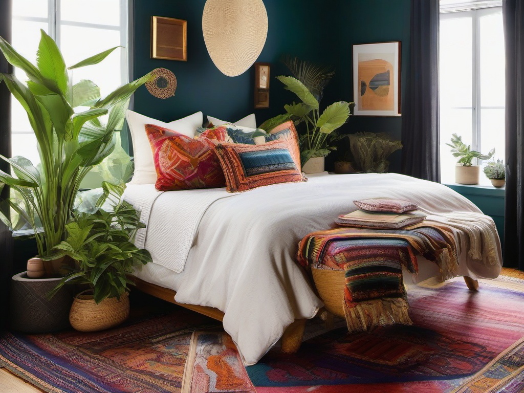 Bohemian bedroom is adorned with colorful rugs, eclectic textiles, and plants, creating a cozy and artistic retreat.  