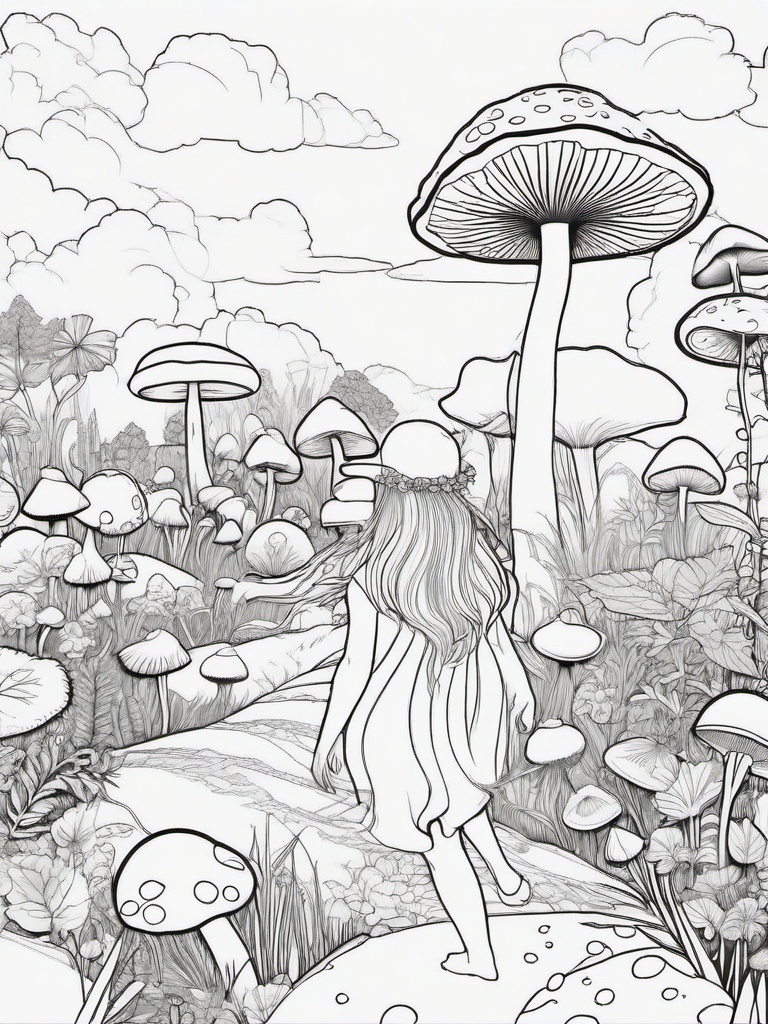 Fairy in a Field of Mushrooms Coloring Pages - Fairy Exploring a World of Mushrooms  minimal black outline printable sheet, coloring page