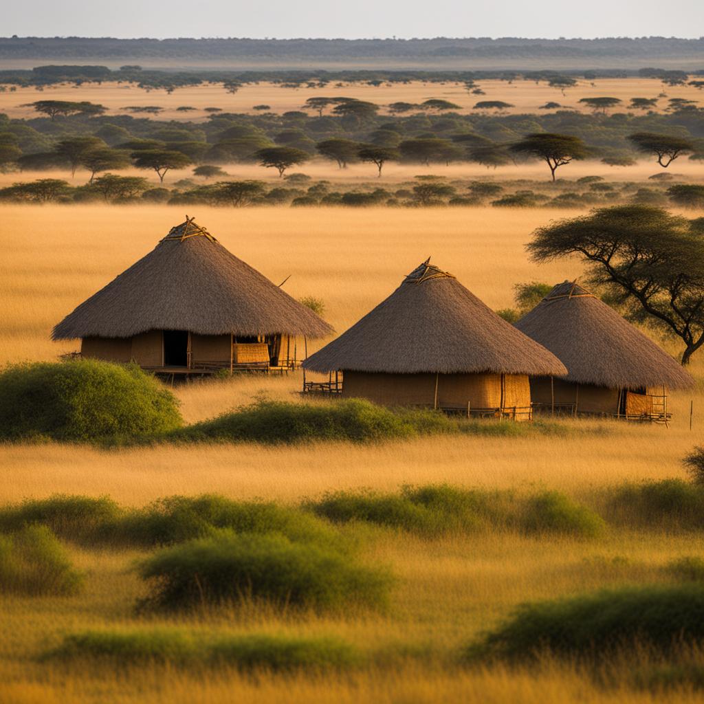 kenyan huts, with thatched roofs, dot the savannahs of maasai mara, kenya. 