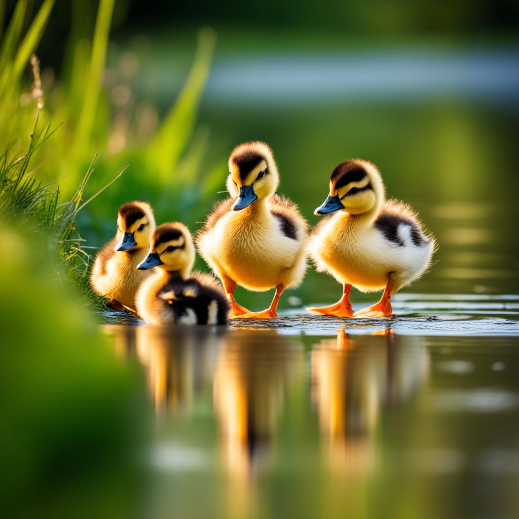 fluffy duckling family following their mother in a row. 