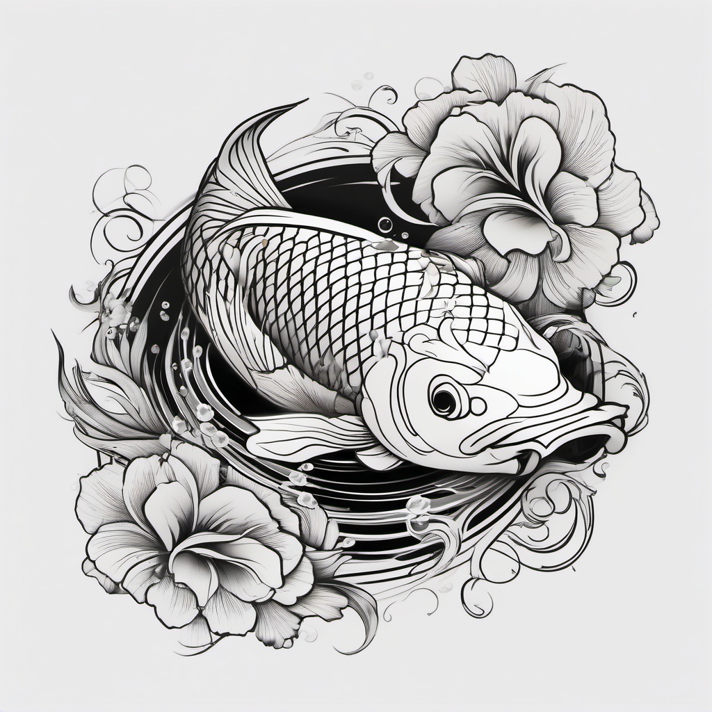 Koi Black and White Tattoo,a black and white koi fish tattoo, celebrating the elegance and strength of this aquatic creature. , color tattoo design, white clean background