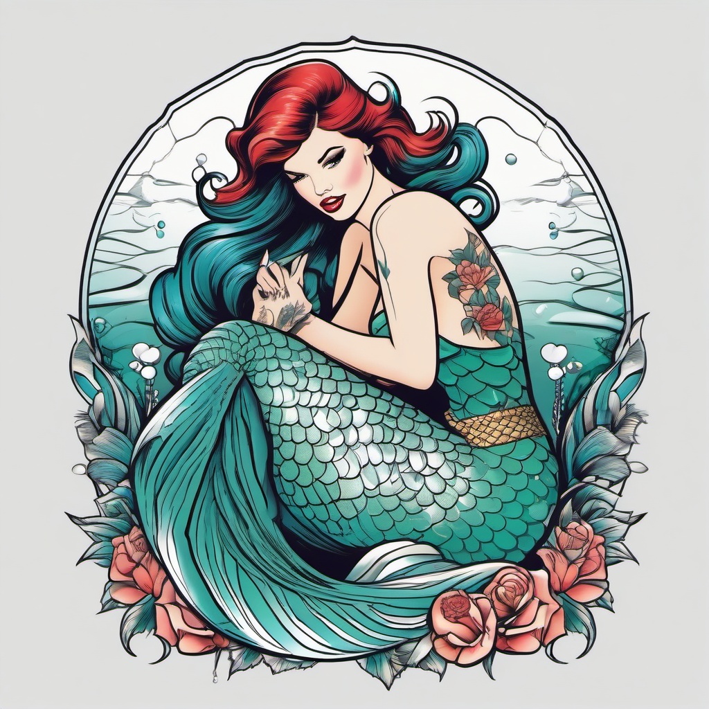 Mermaid Tattoo Pinup - Combine the allure of mermaids with classic pin-up style in a captivating tattoo.  simple vector color tattoo,minimal,white background