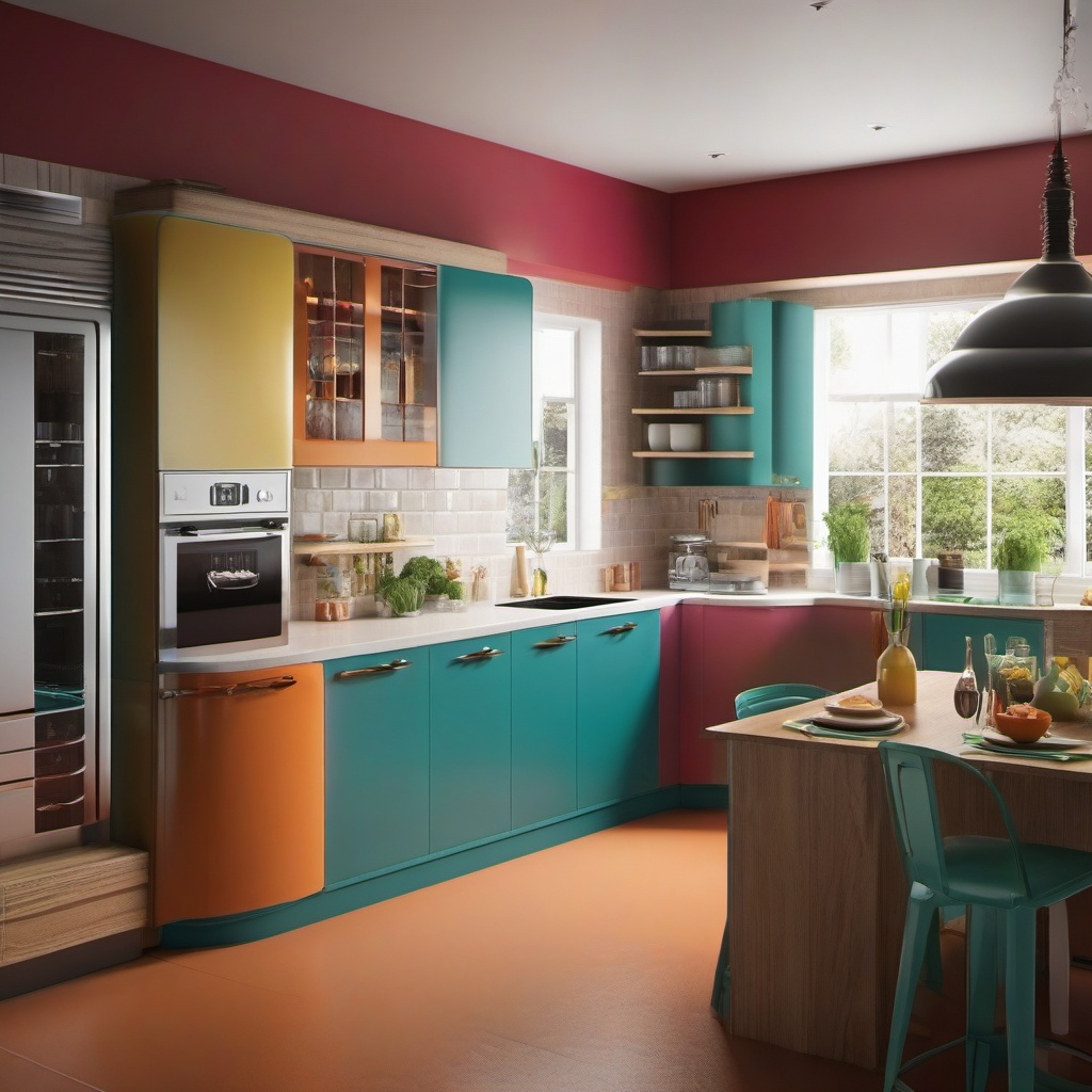 Retro Kitchen with a Twist - Design a retro-inspired kitchen with a modern twist. , kitchen layout design ideas, multicoloured, photo realistic, hyper detail, high resolution,