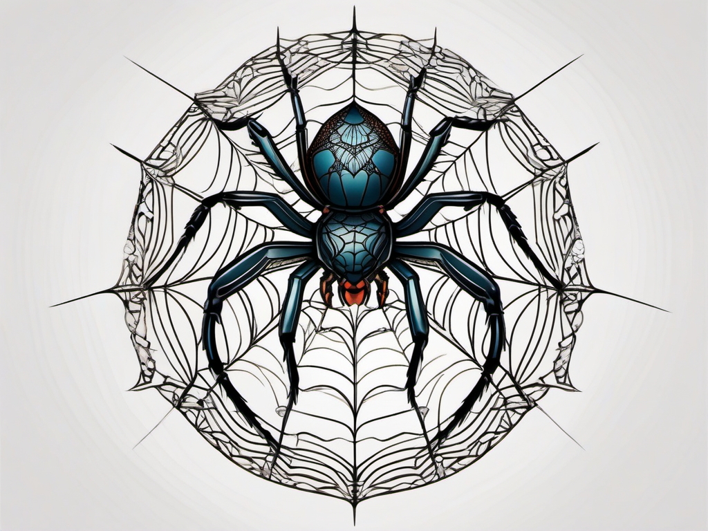 Spider tattoo: A meticulously detailed spider, its web weaving a tale of mystery and resilience.  color tattoo style, minimalist, white background