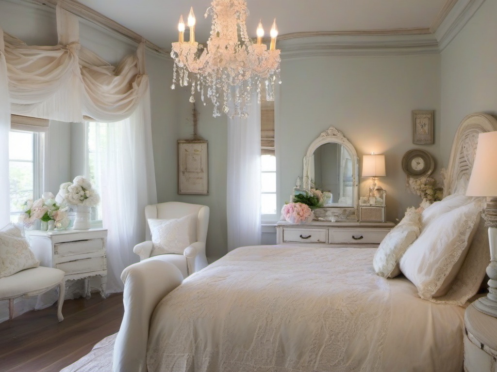 Shabby Chic bedroom evokes a romantic, timeworn beauty with distressed white furniture, lace-trimmed linens, and crystal chandeliers that create an air of effortless elegance.  