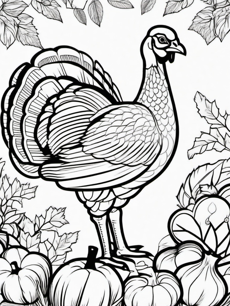 Turkey and Veggie Harvest Coloring Pages - Thanksgiving Turkey with a Bountiful Crop  minimal black outline printable sheet, coloring page