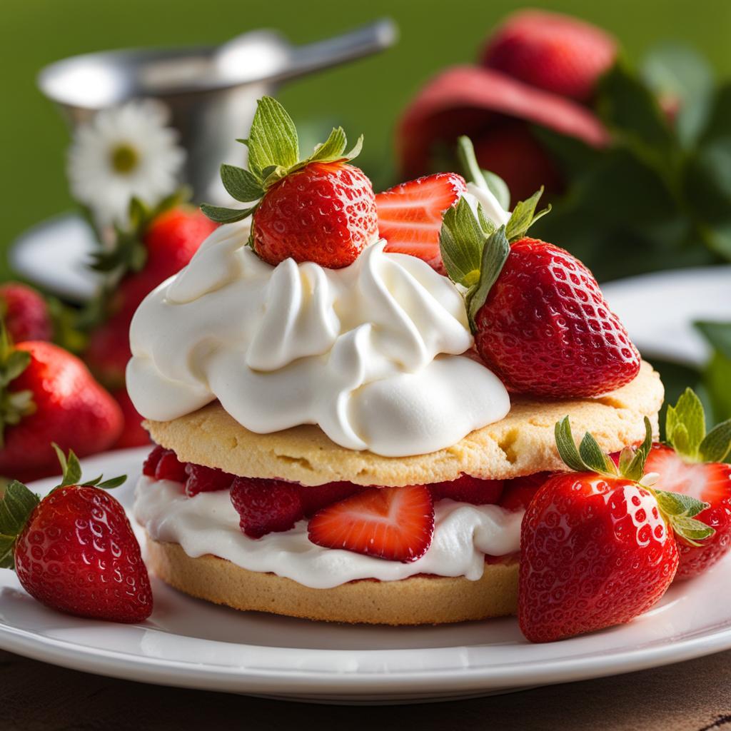 strawberry shortcake topped with fresh whipped cream, enjoyed at a sunny garden party. 