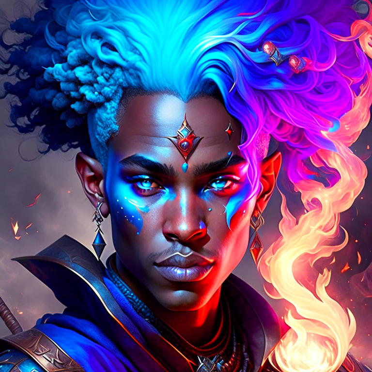 genasi sorcerer, born of elemental ancestry, wielding fire, air, earth, or water magic. 