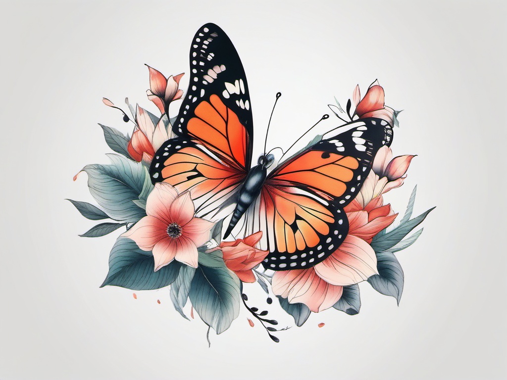 butterfly and floral tattoo  simple color tattoo,white background,minimal