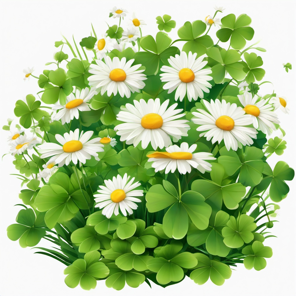 4 Leaf Clover clipart - clover leaf surrounded by daisies  