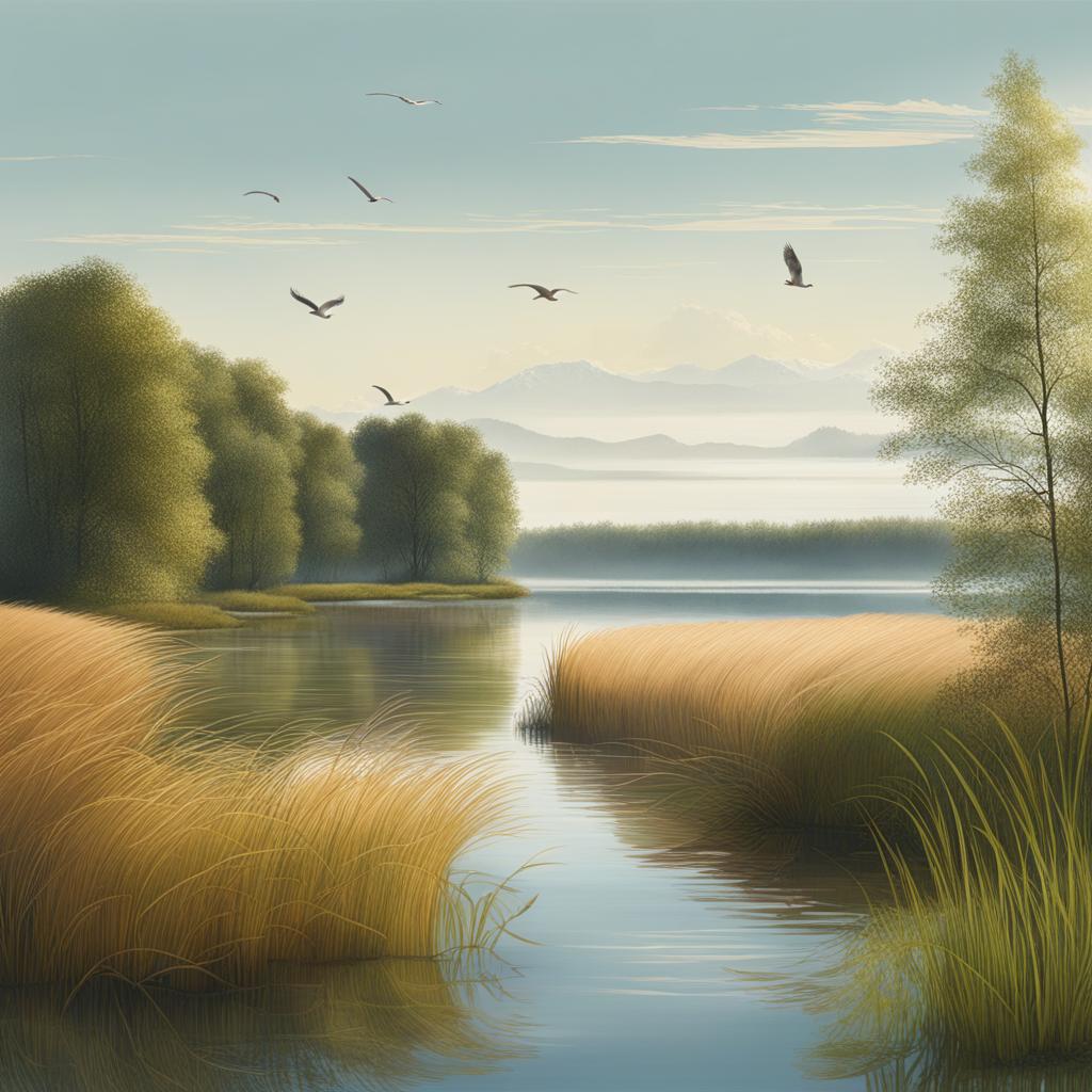 vorpommern's lake tranquility - illustrate the tranquility of vorpommern's lesser-known lakes, emphasizing reed-lined shores and bird-filled islands. 