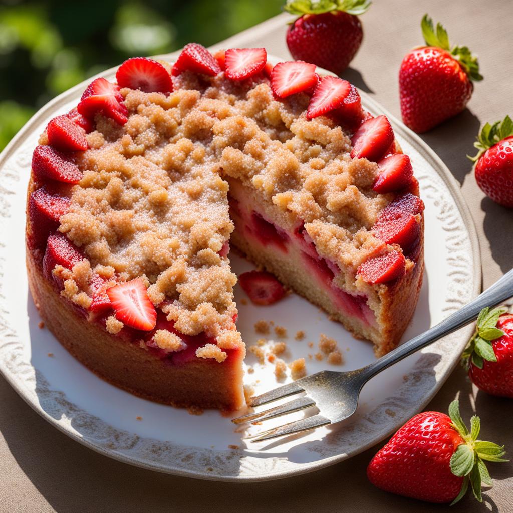 strawberry-rhubarb cake with a crumbly topping, devoured in a sunlit garden. 