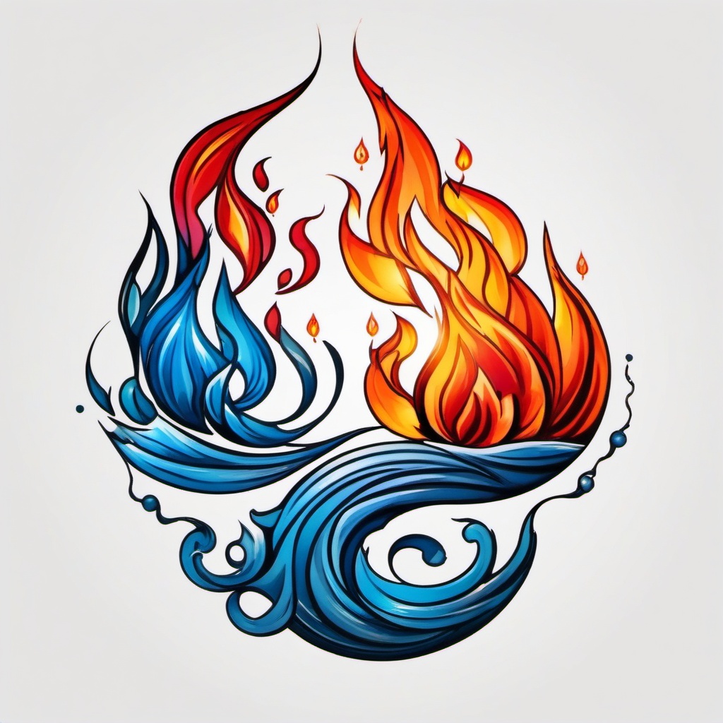 fire and water couple tattoo  simple color tattoo,white background