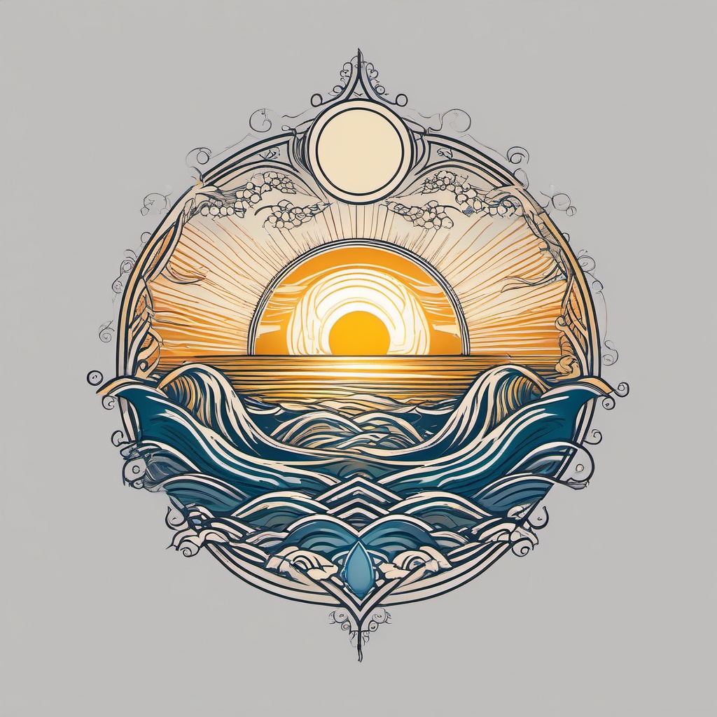 Ocean Sun and Wave Tattoo - Features the sun alongside ocean waves, symbolizing the harmonious interplay of light and water.  simple tattoo design