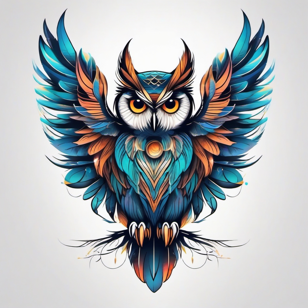 Owl tattoo with otherworldly, celestial feathers.  color tattoo style, minimalist design, white background