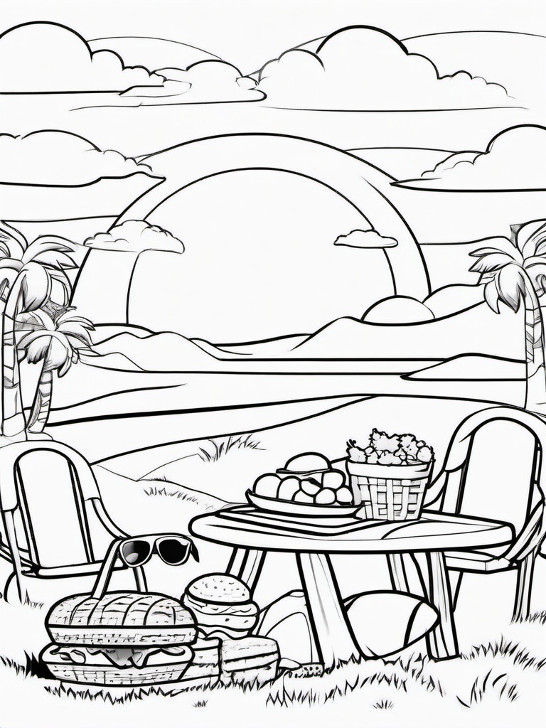 Summer Coloring Pages - Cheerful sun wearing sunglasses shining over a picnic  simple coloring pages