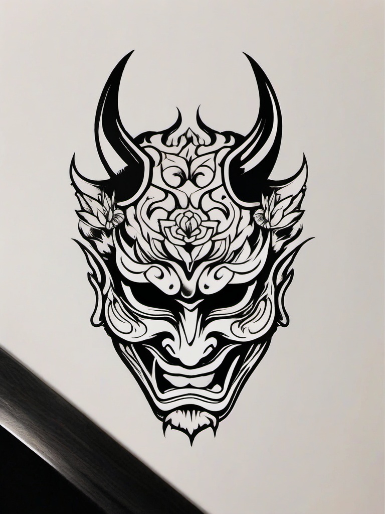 hannya mask tattoo small  simple color tattoo,white background,minimal