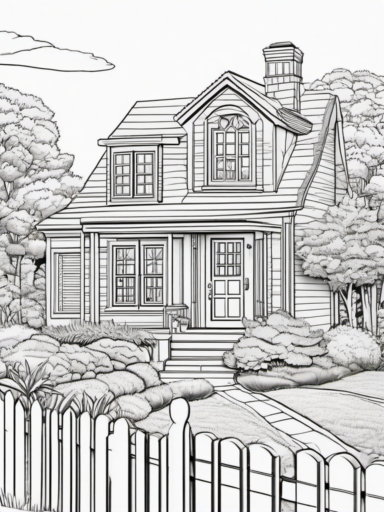 House Coloring Pages - Suburban home with a well-kept lawn and mailbox  simple coloring pages