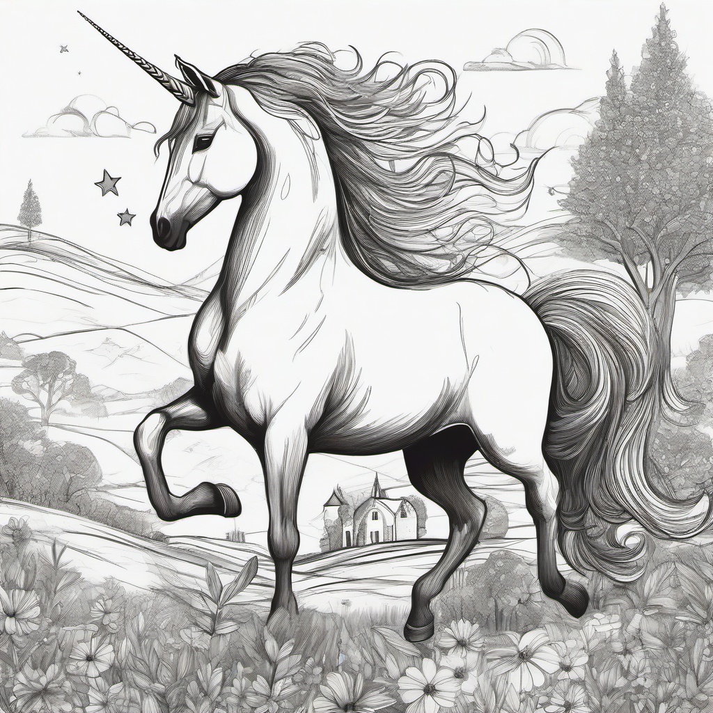 drawing of a unicorn in a whimsical scene  minimal rough sketch scribbles,doodles,black and white