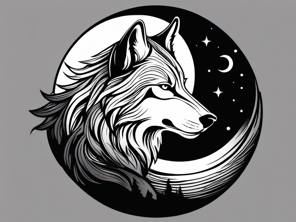 Wolf Howling Moon Tattoo,mystical moment, wolf's mournful howl beneath the luminous moon, profound connection with the night sky. , tattoo design, white clean background