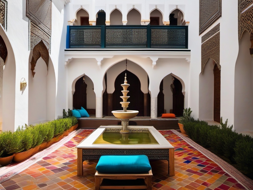 Moroccan courtyard with tiled fountains and vibrant cushions.  