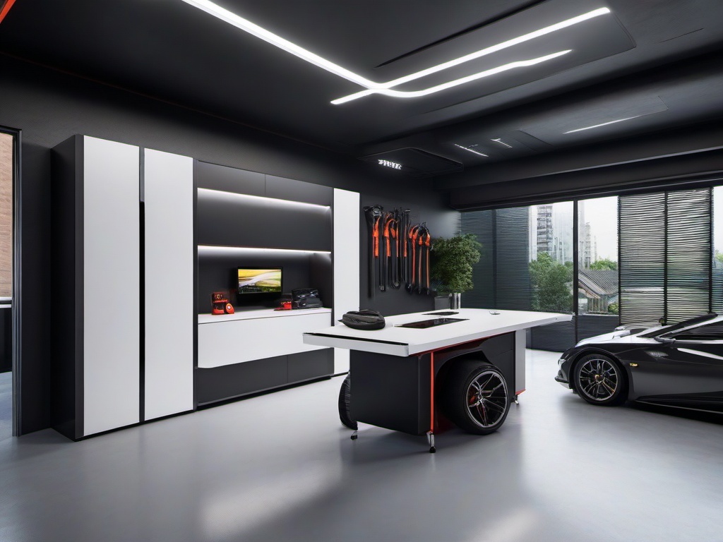 The garage features futuristic interior design with sleek storage systems, organized workspaces, and a modern aesthetic that makes the space both functional and visually appealing.  