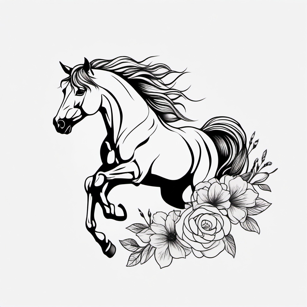 horse with flowers tattoo  simple tattoo,minimalist,white background