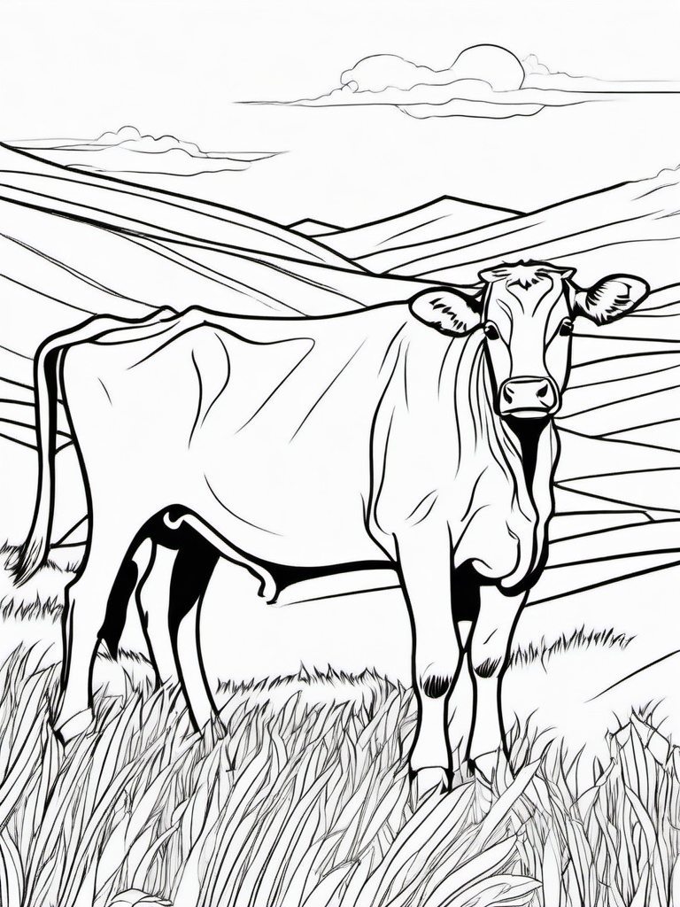 Cow Coloring Pages - Cow standing on a hill with a beautiful view  simple coloring pages