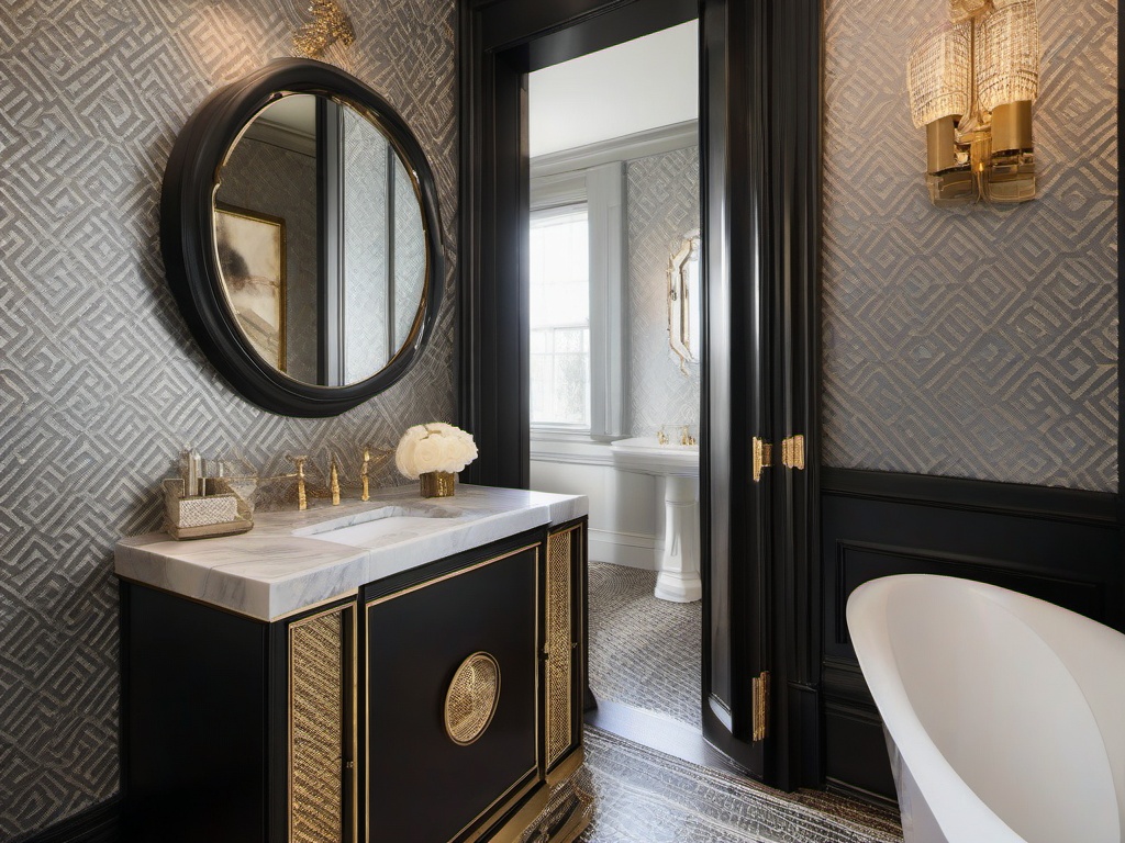 In the powder room, Regency interior design includes luxurious fixtures, elegant wallpaper, and tasteful accents that transform a small space into a chic and stylish experience.  