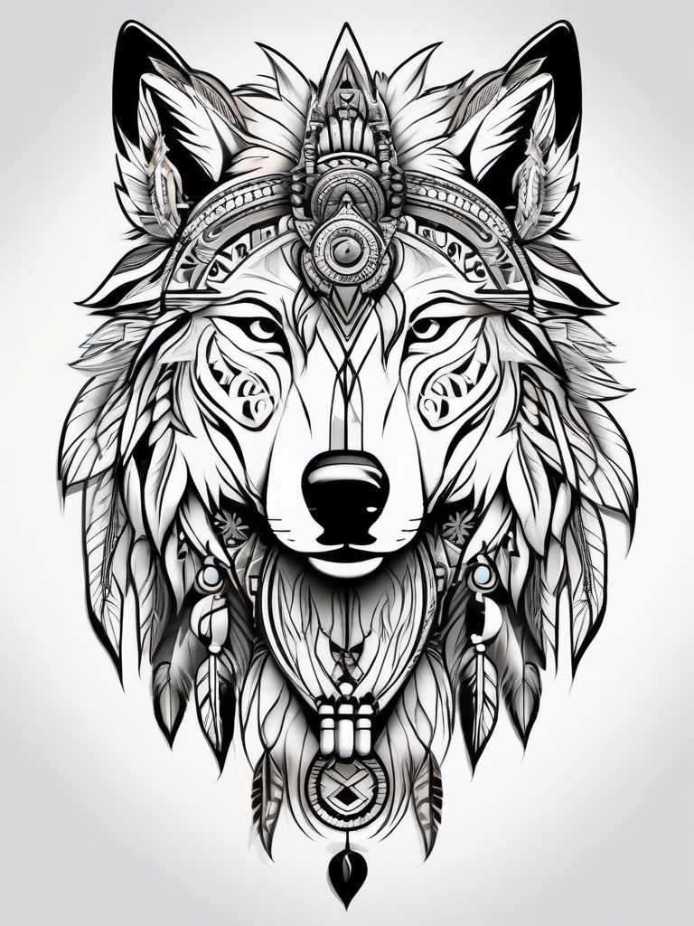 Wolf and Indian Tattoo,tattoo showcasing both a wolf and indigenous motifs, fusion of cultures. , tattoo design, white clean background