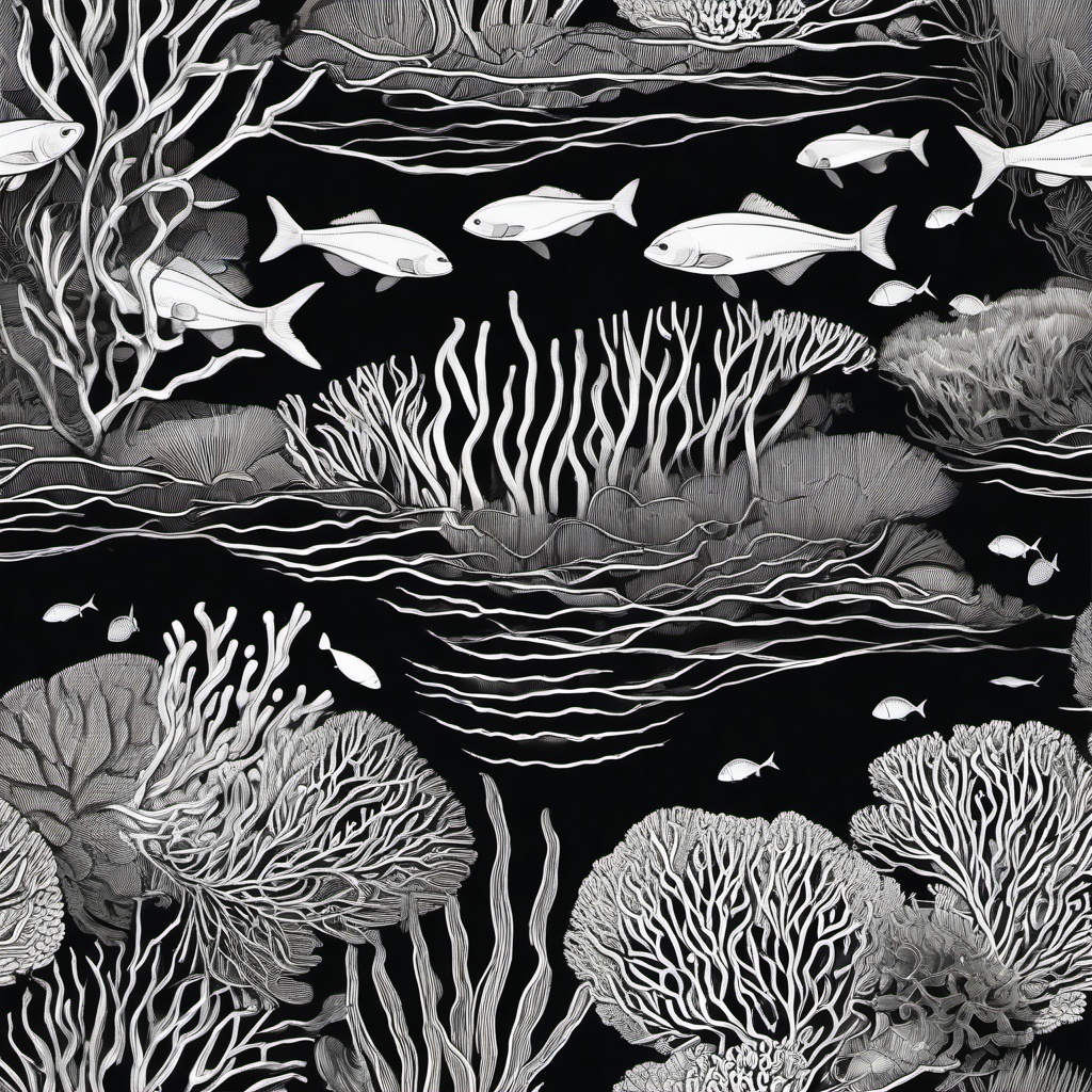 drawing of coral reefs in the ocean  minimal rough sketch scribbles,doodles,black and white