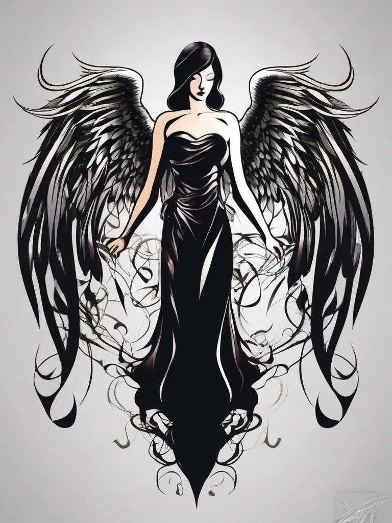 Fallen Angel Tattoo-Exploring the complex and mysterious side with a fallen angel tattoo, symbolizing rebellion, transformation, and beauty.  simple vector color tattoo