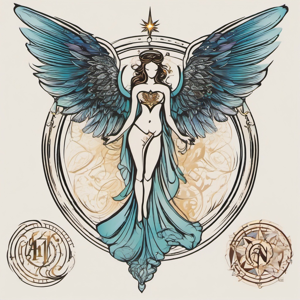 11 11 Angel Tattoo-Choosing a symbol of divine alignment with an 11:11 angel tattoo, expressing spiritual synchronicity, guidance, and a connection to higher realms.  simple vector color tattoo