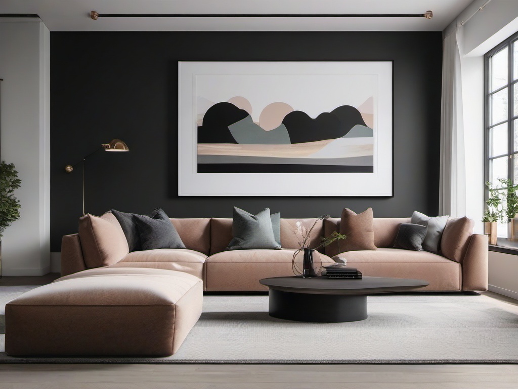 Minimalist living room includes a low-profile sofa, a few decorative cushions, and a large wall art piece, promoting a clean and uncluttered aesthetic.  