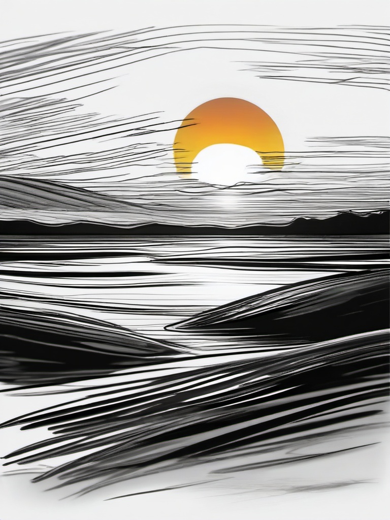 drawing of a sunset over the horizon  minimal rough sketch scribbles,doodles,black and white