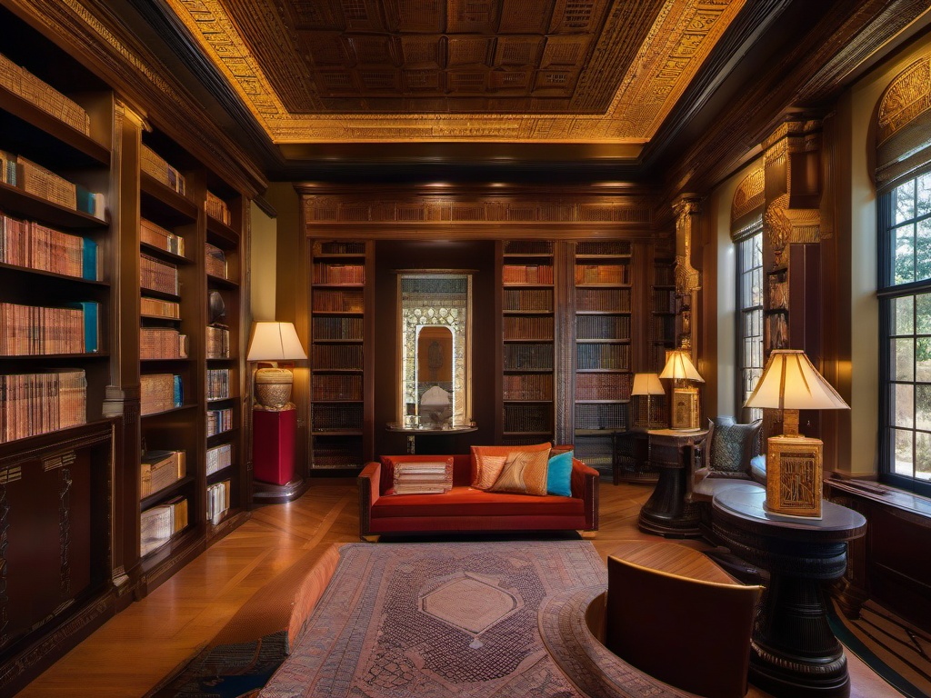 In the library room, Egyptian Revival interior design incorporates ornate bookshelves, rich colors, and decorative motifs that inspire a love for reading and exploration of ancient texts.  