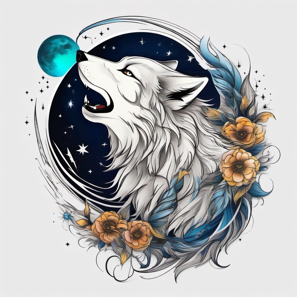 Tattoo Wolf and Moon,celestial partnership, wolf and the moon entwined in a celestial tattoo. , color tattoo design, white clean background