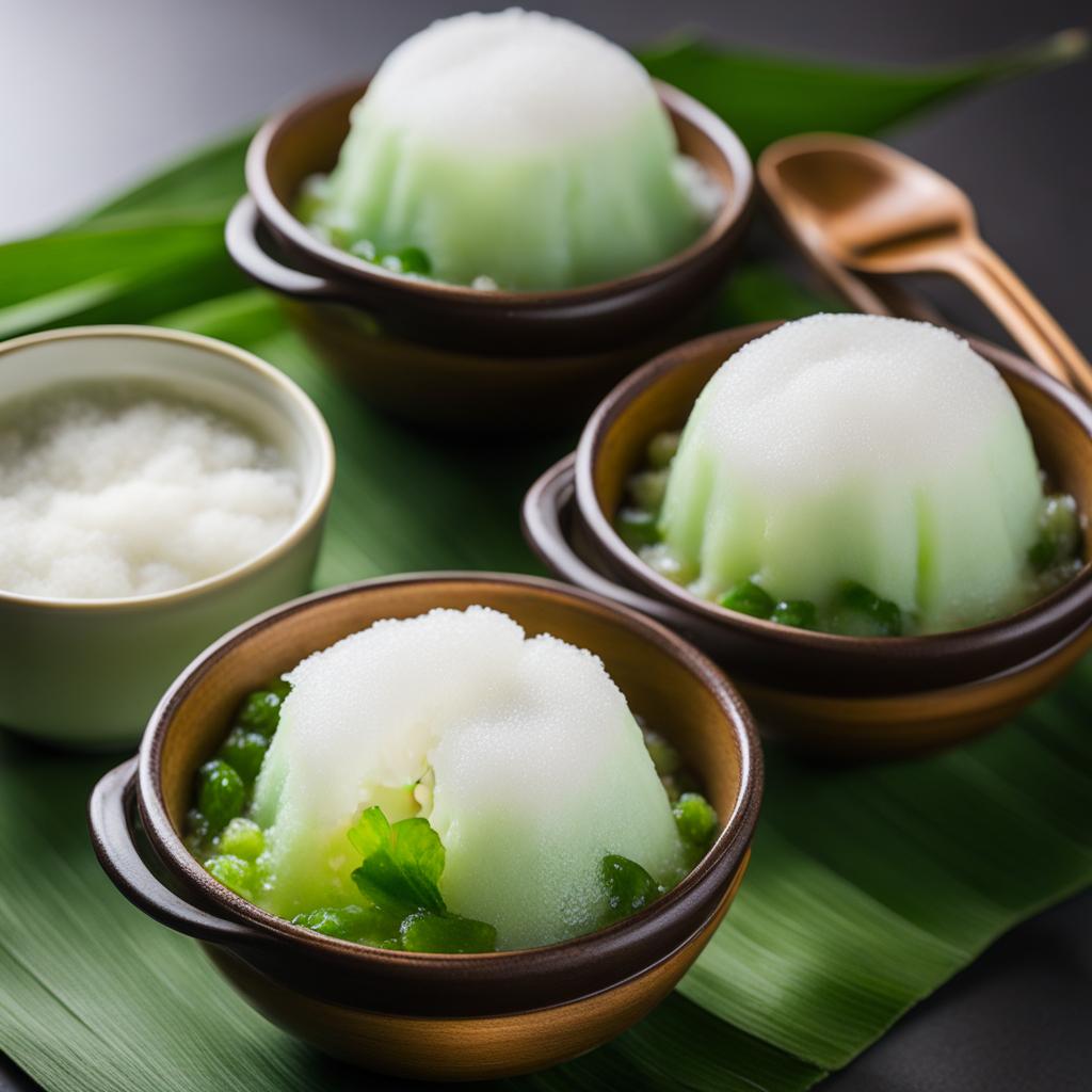 chendol, a shaved ice dessert with green rice flour jelly, coconut milk, and palm sugar syrup. 