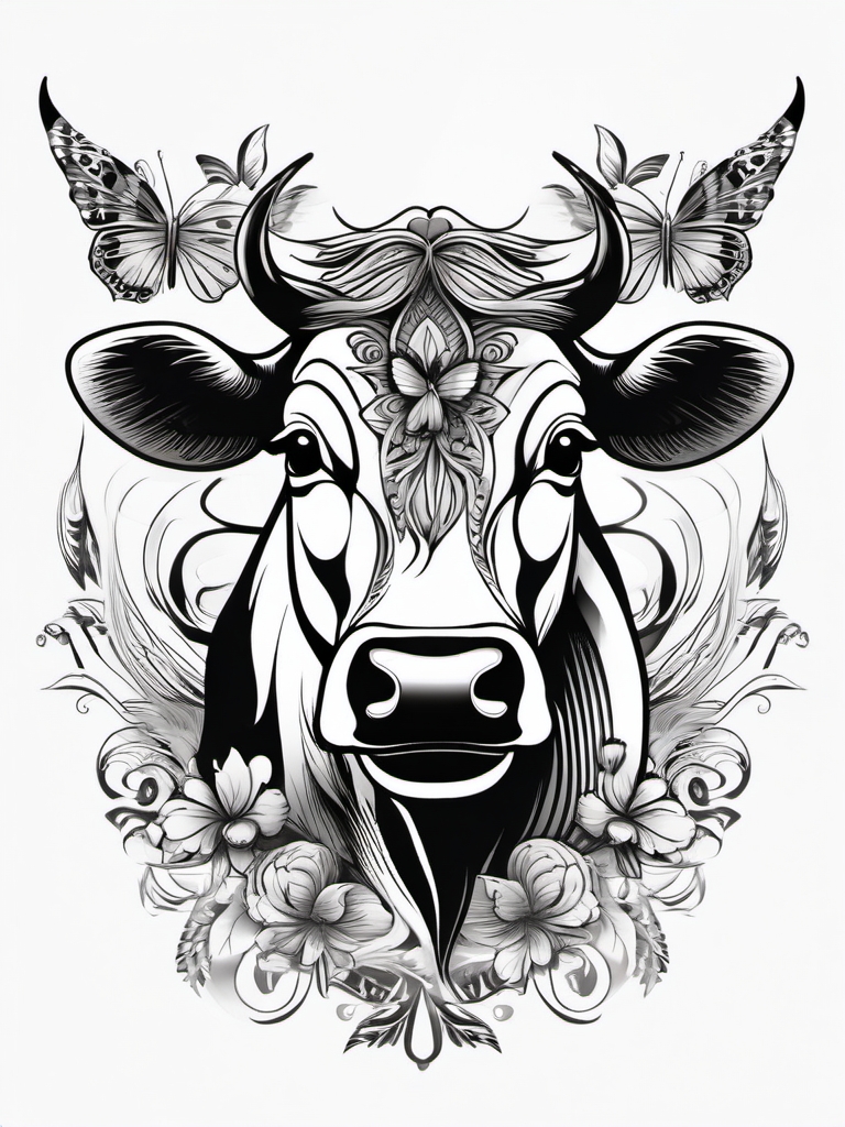 Cow with butterfly wings design: Transformation and freedom, symbolism.  black and white tattoo style